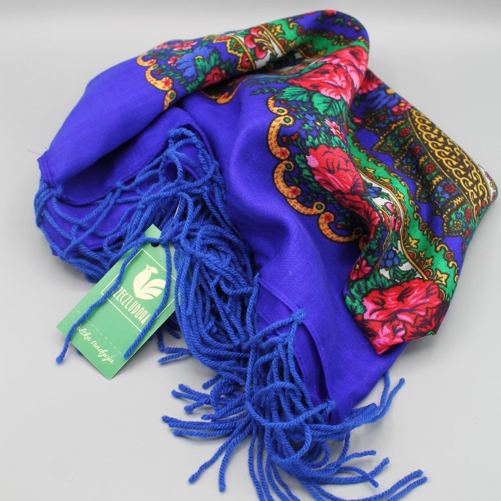 Traditional folklore scarf large blue floral new - Picture 4 of 7